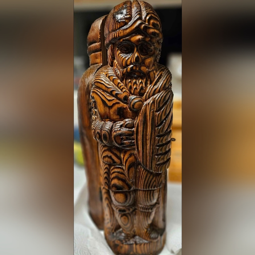 Patina 17" Carved Wood Wine Bottle Holder Medieval Knight Hinged Storage Vintage